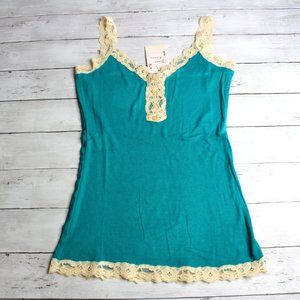 Young Essence Womens Lace Camisole Tank Top Size L Blue Ivory Ribbed